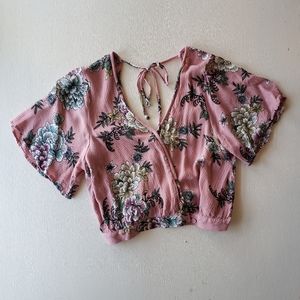 Floral boho bell sleeve cropped kimono blouse